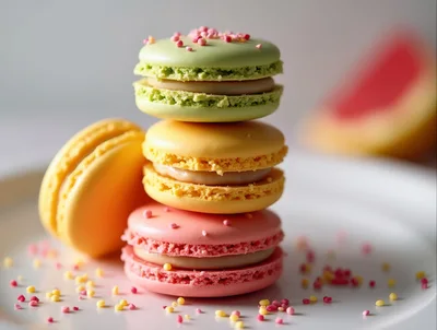 Stack of Colorful French Macarons on White Plate