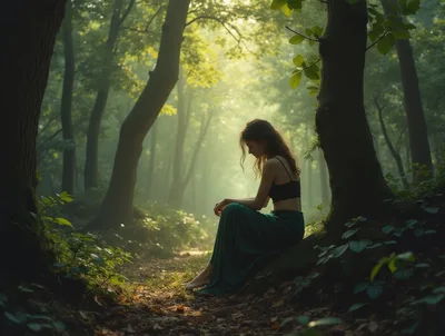 Young Woman Sitting Alone In A Misty Forest