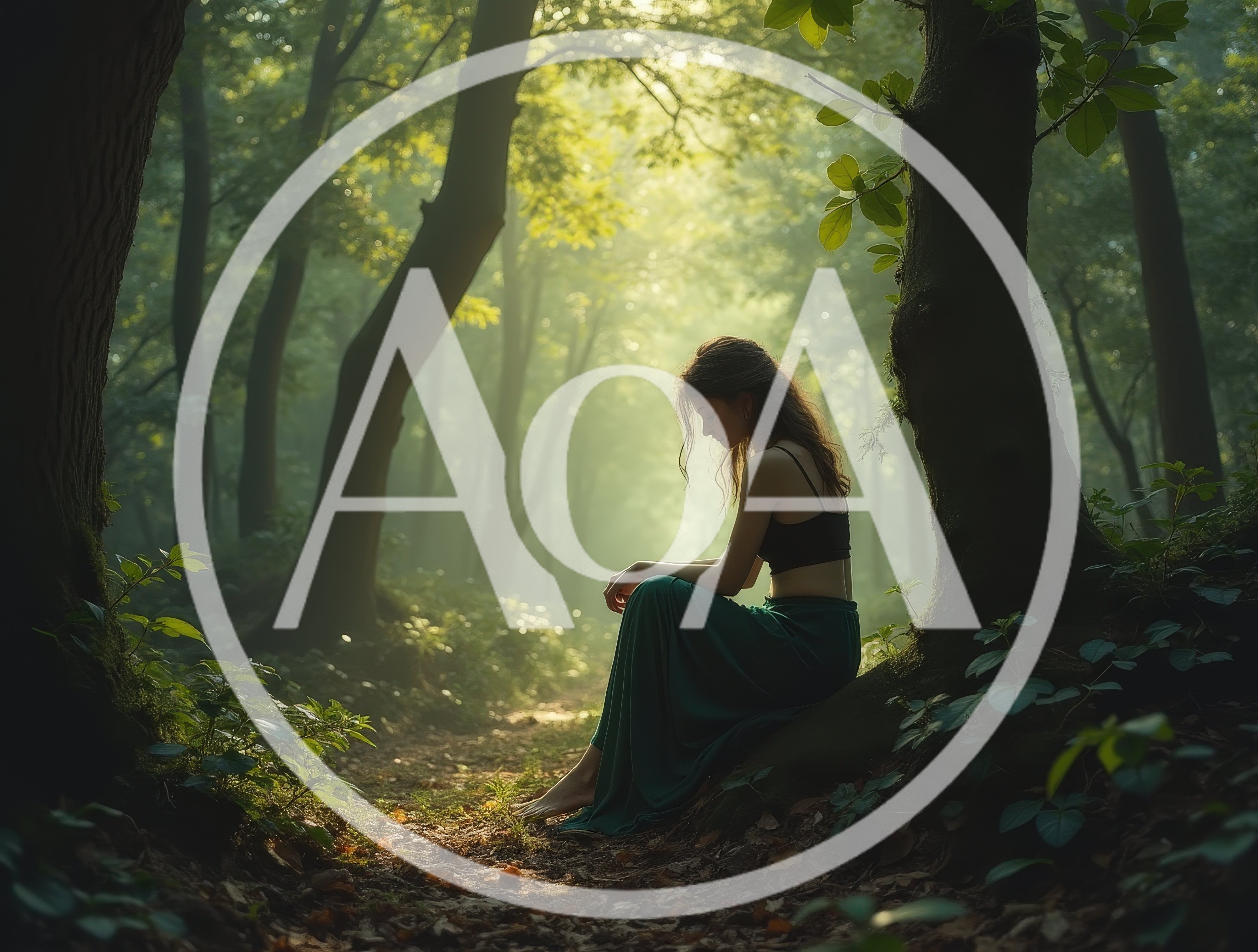 Young Woman Sitting Alone In A Misty Forest