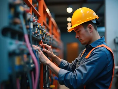 Technician Inspecting Industrial Electrical Control Panel