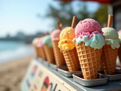 Row Of Colorful Ice Cream Cones On A Beach