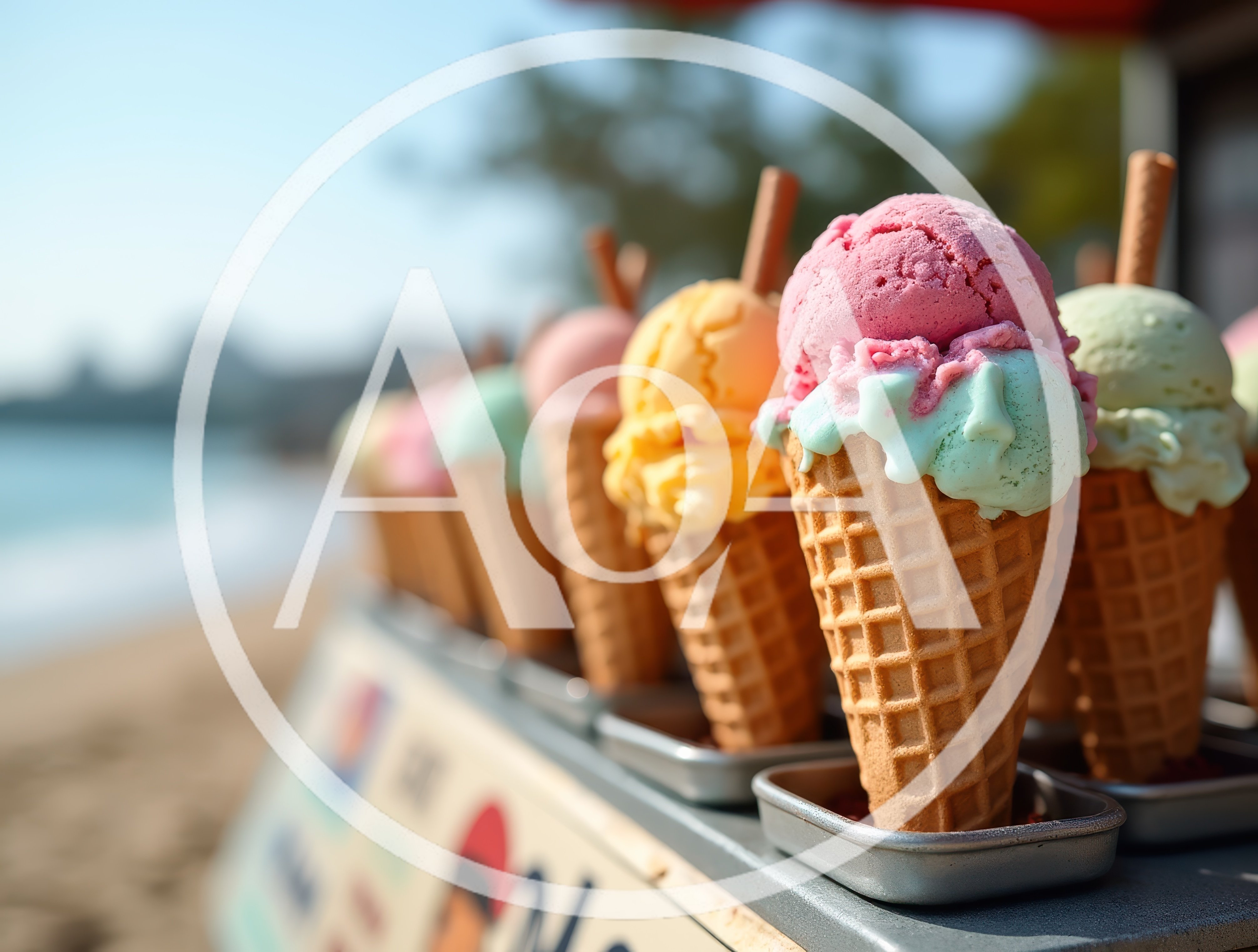 Row Of Colorful Ice Cream Cones On A Beach