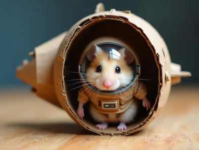 Hamster Wearing Astronaut Suit Inside Cardboard Spaceship