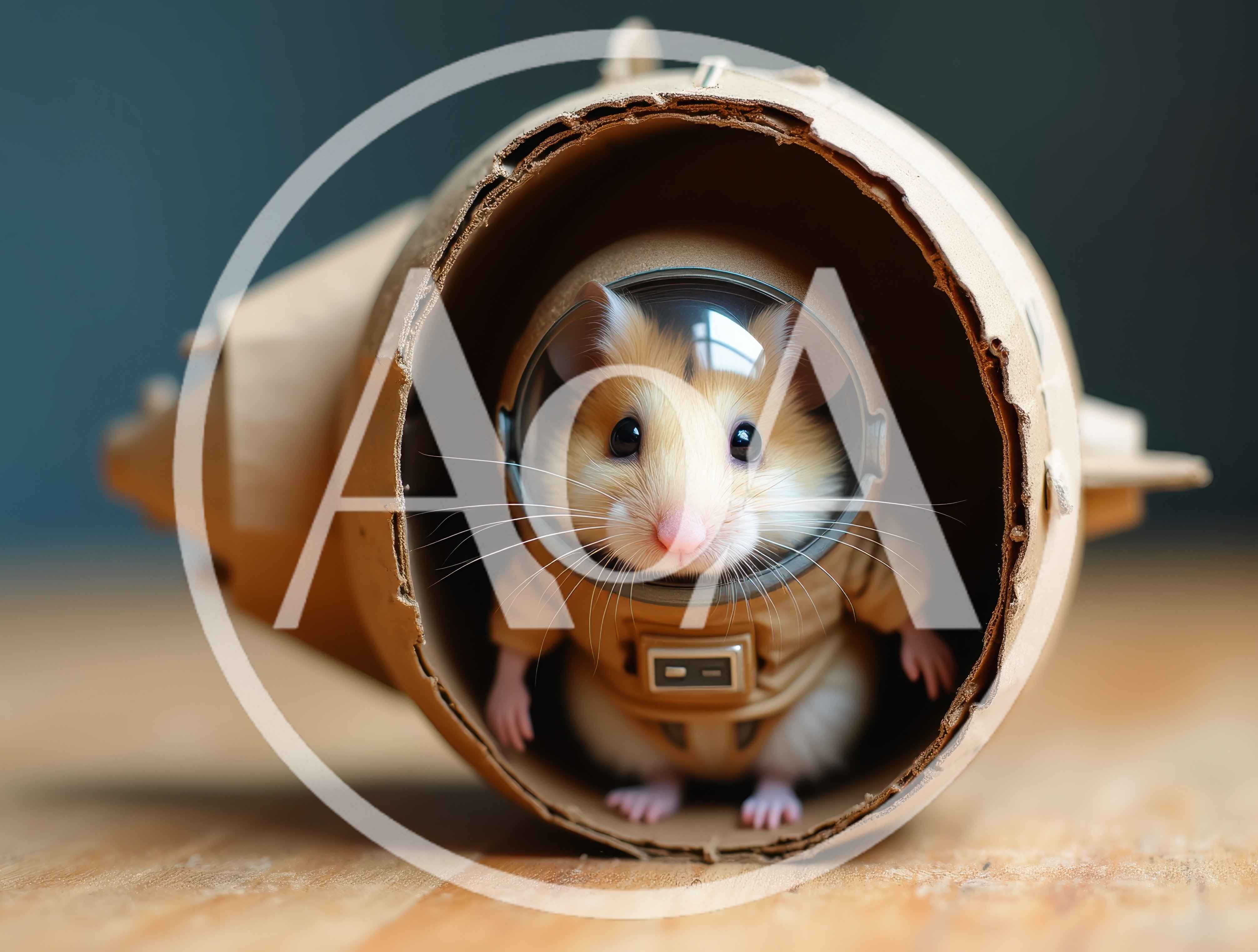 Hamster Wearing Astronaut Suit Inside Cardboard Spaceship