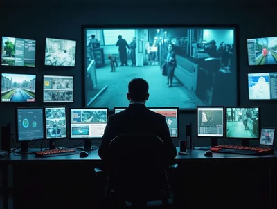 Security Analyst Monitoring Surveillance Feeds In Dark Control Room
