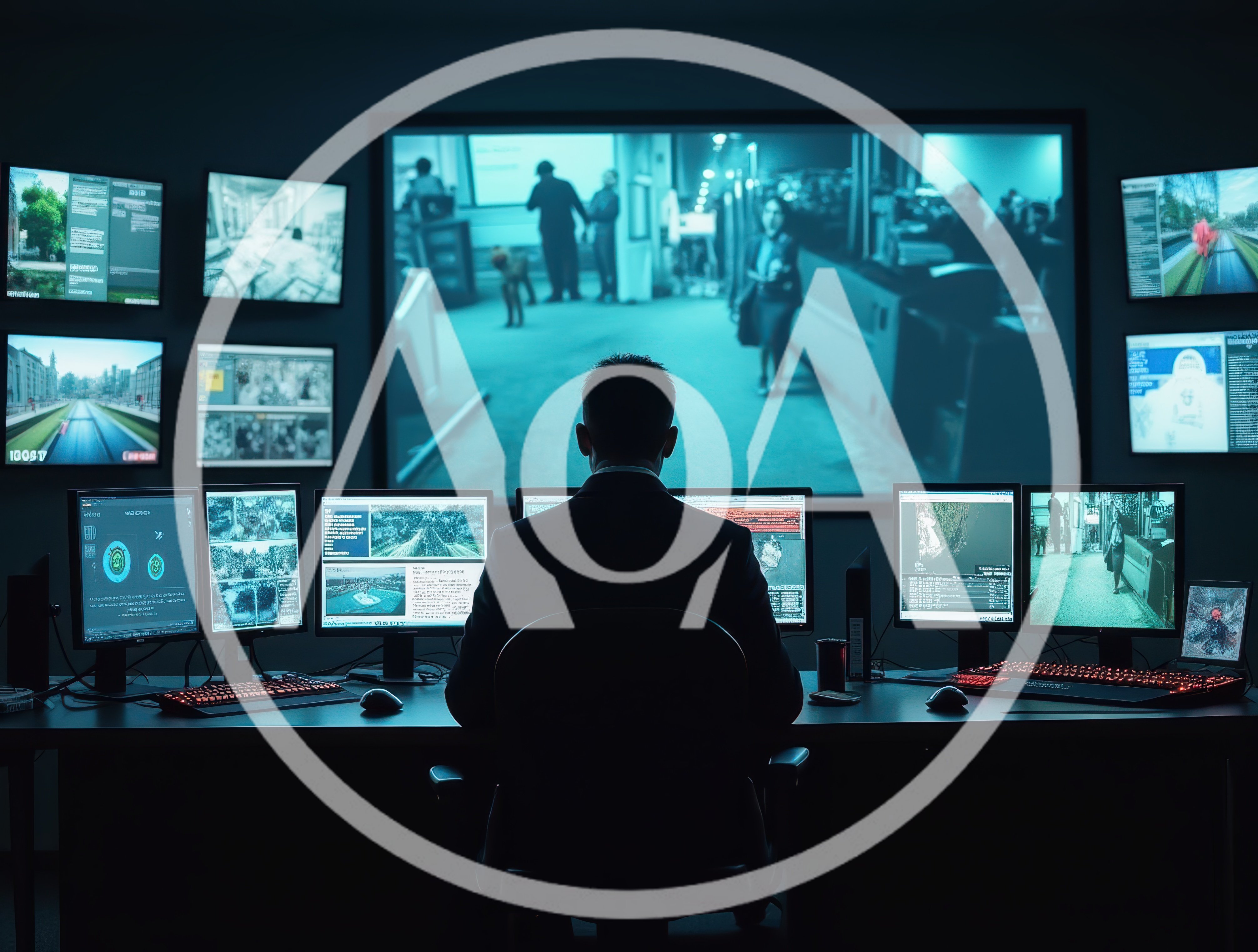 Security Analyst Monitoring Surveillance Feeds In Dark Control Room