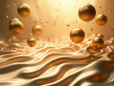 Abstract Golden Spheres Floating Above Wavy Silk Fabric