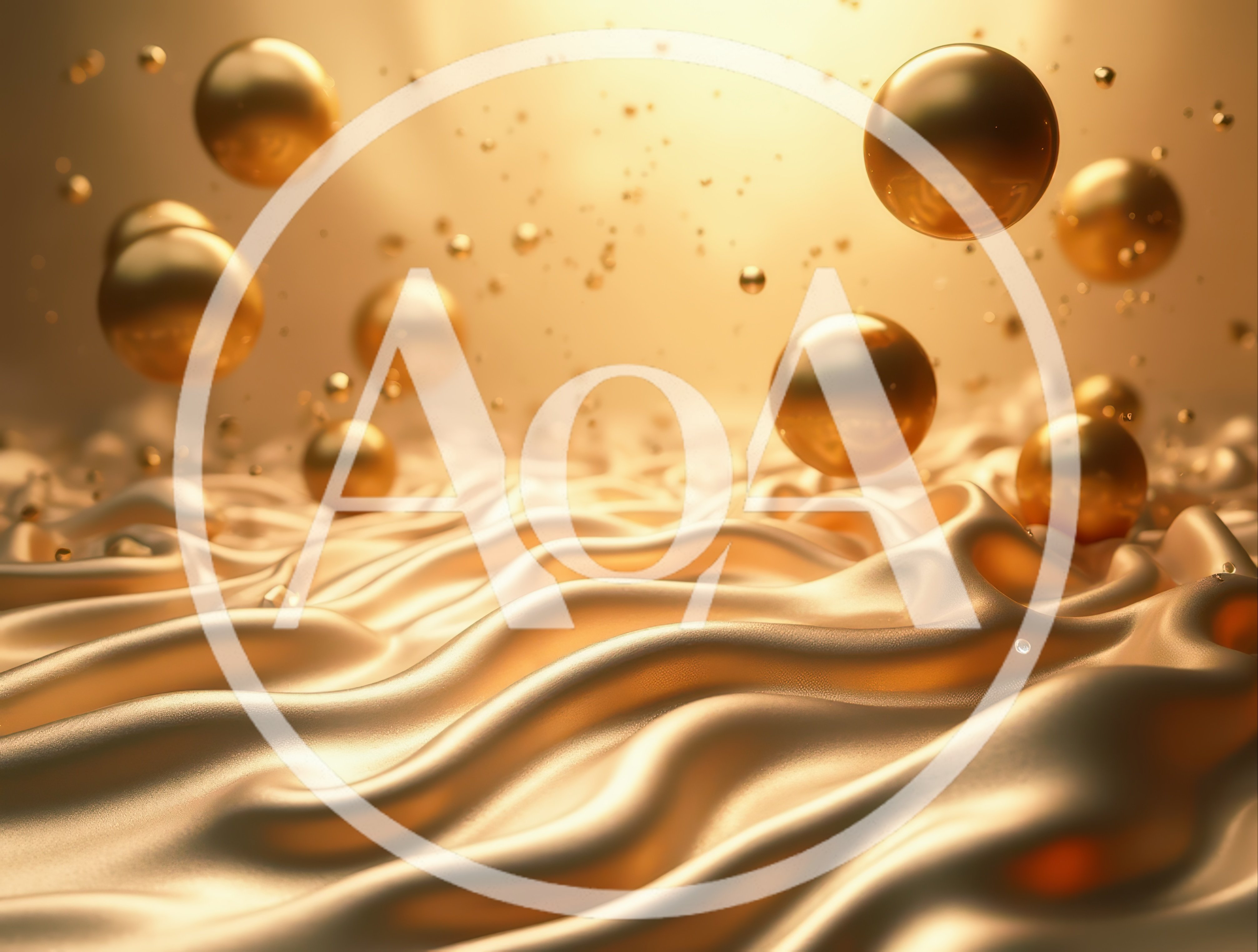 Abstract Golden Spheres Floating Above Wavy Silk Fabric