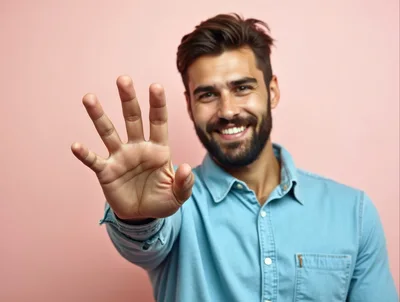 Smiling Man Showing Five Fingers Against Pink Background