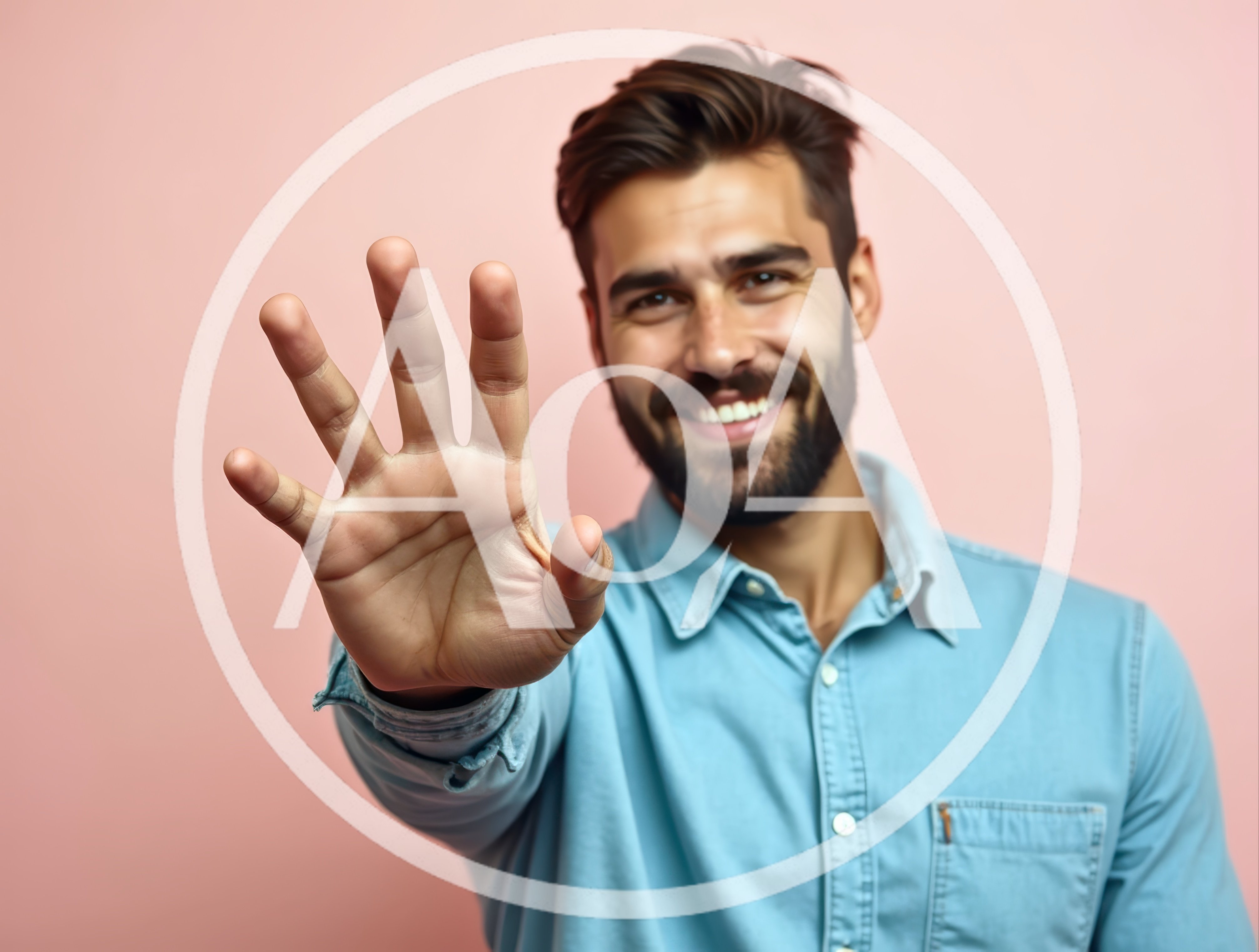 Smiling Man Showing Five Fingers Against Pink Background