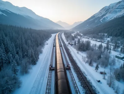 Aerial View Of Freight Train In Snowy Mountain Valley