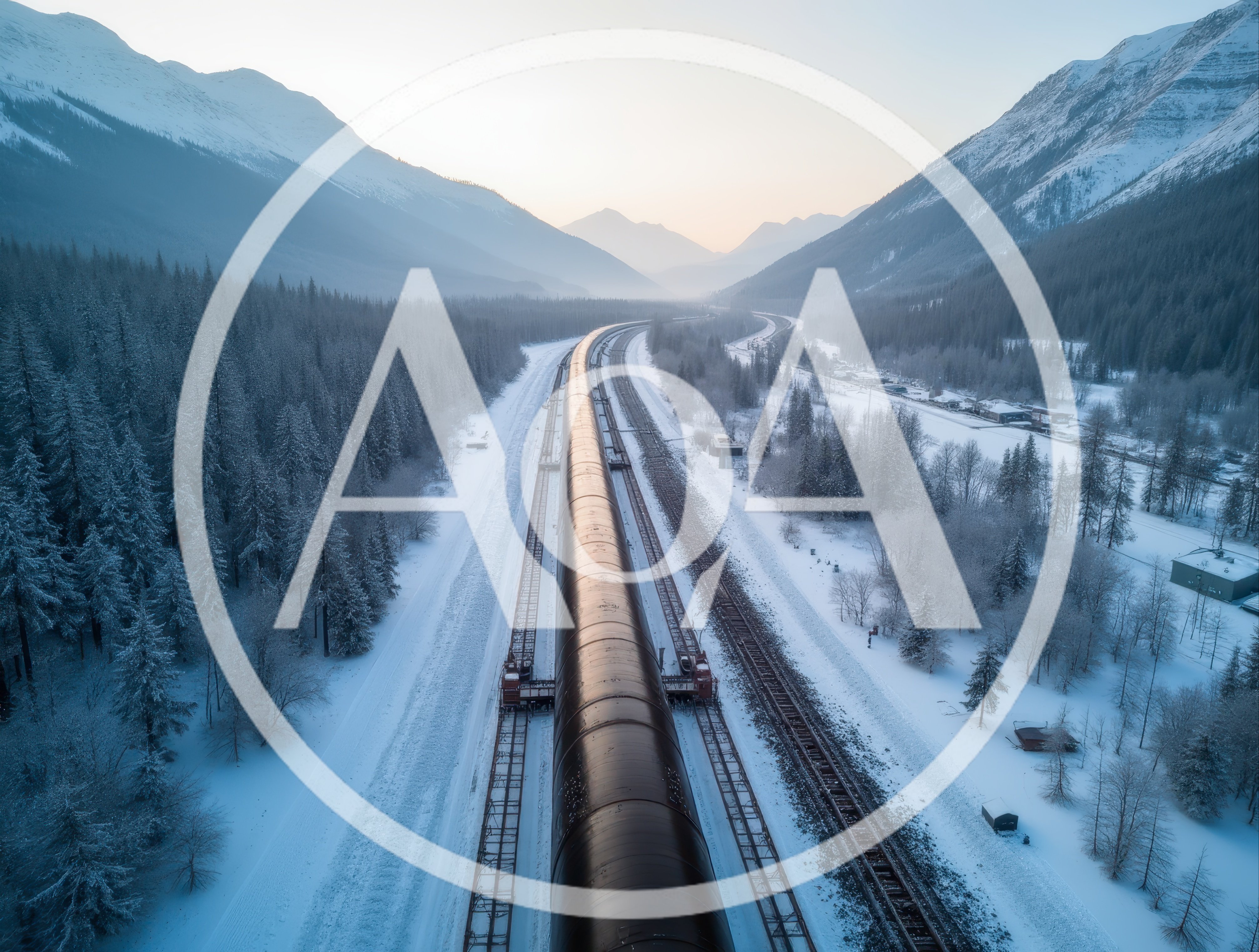 Aerial View Of Freight Train In Snowy Mountain Valley
