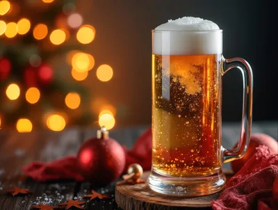Glass Mug Of Golden Beer With Christmas Decorations