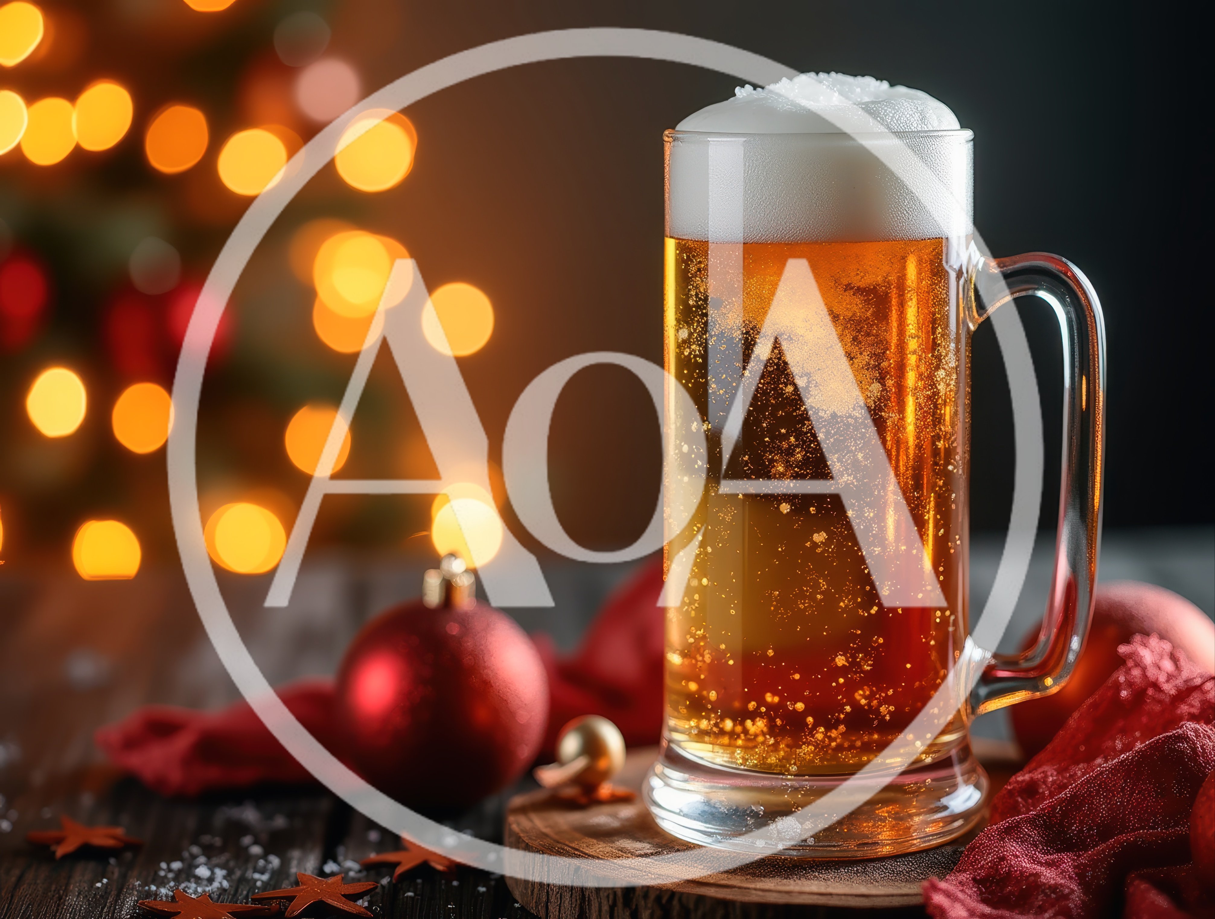 Glass Mug Of Golden Beer With Christmas Decorations