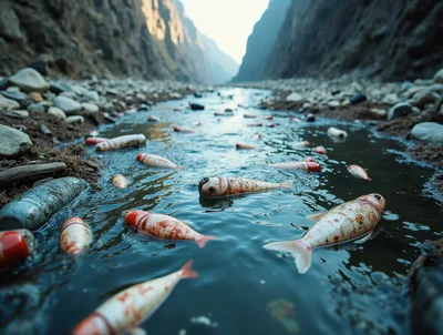 Dead Fish Floating In A Polluted Mountain Stream