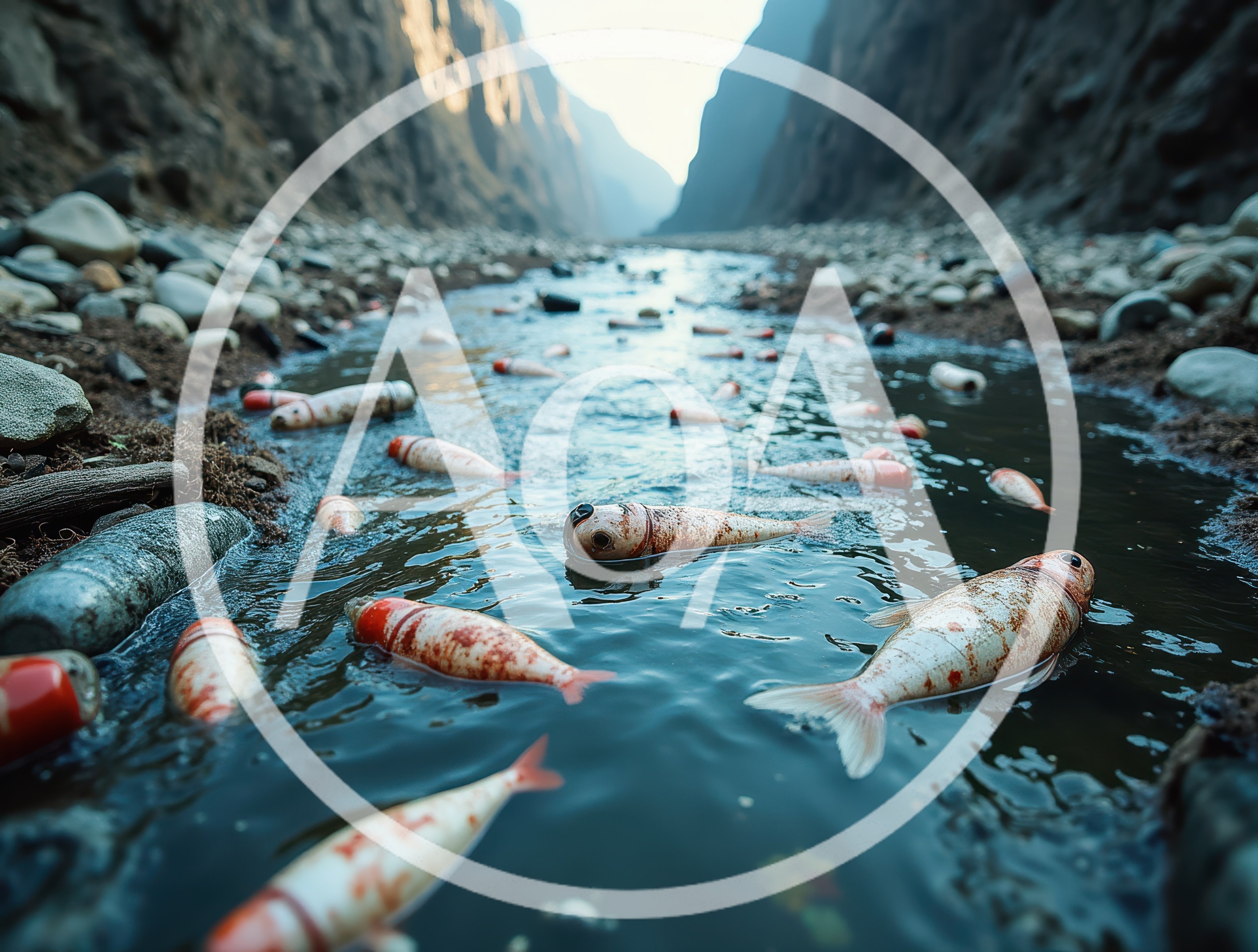 Dead Fish Floating In A Polluted Mountain Stream