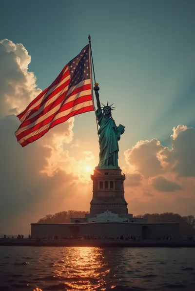 Statue Of Liberty Holding A Large American Flag