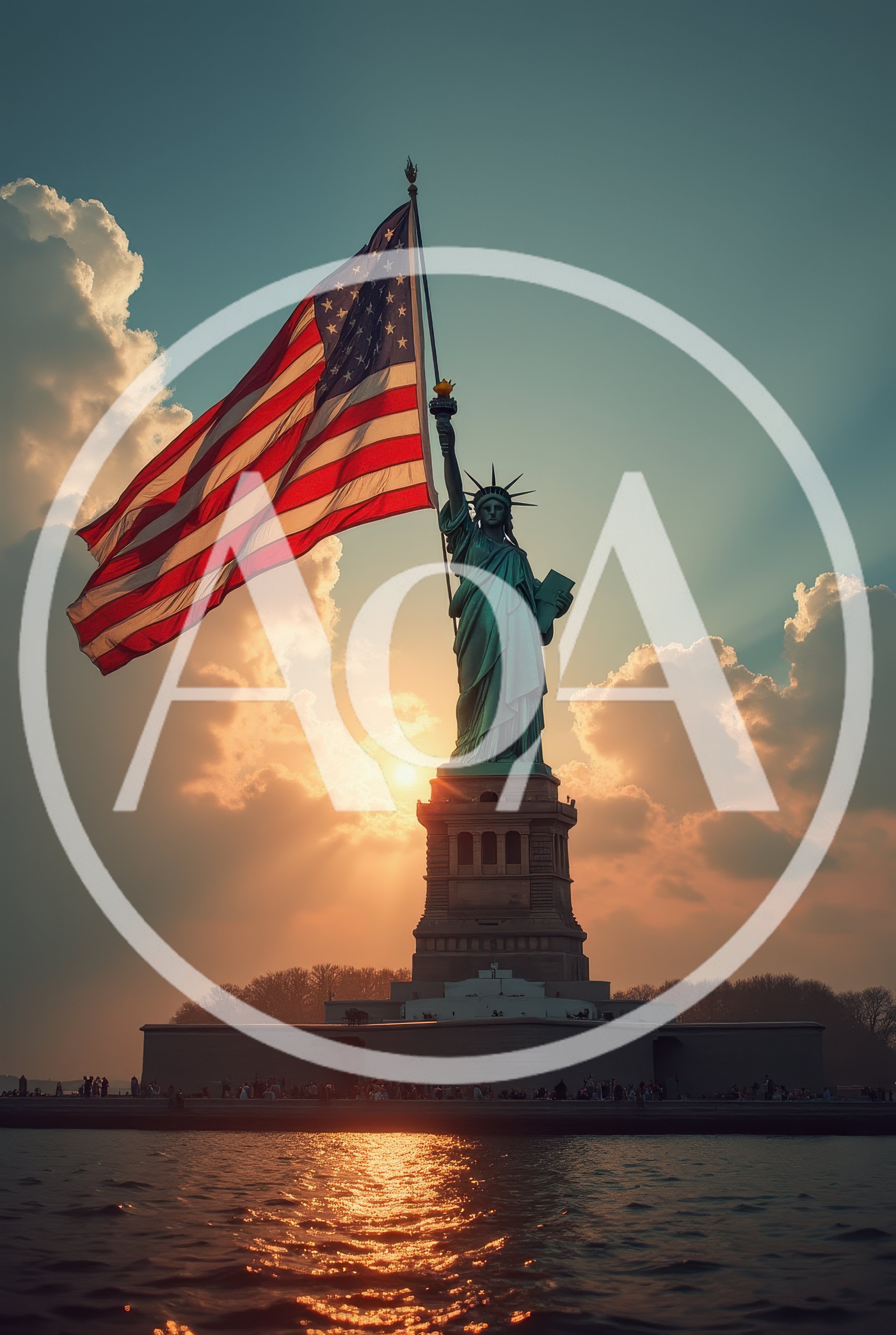 Statue Of Liberty Holding A Large American Flag