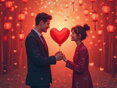 Couple Holding Heart Balloon Under Red Lanterns