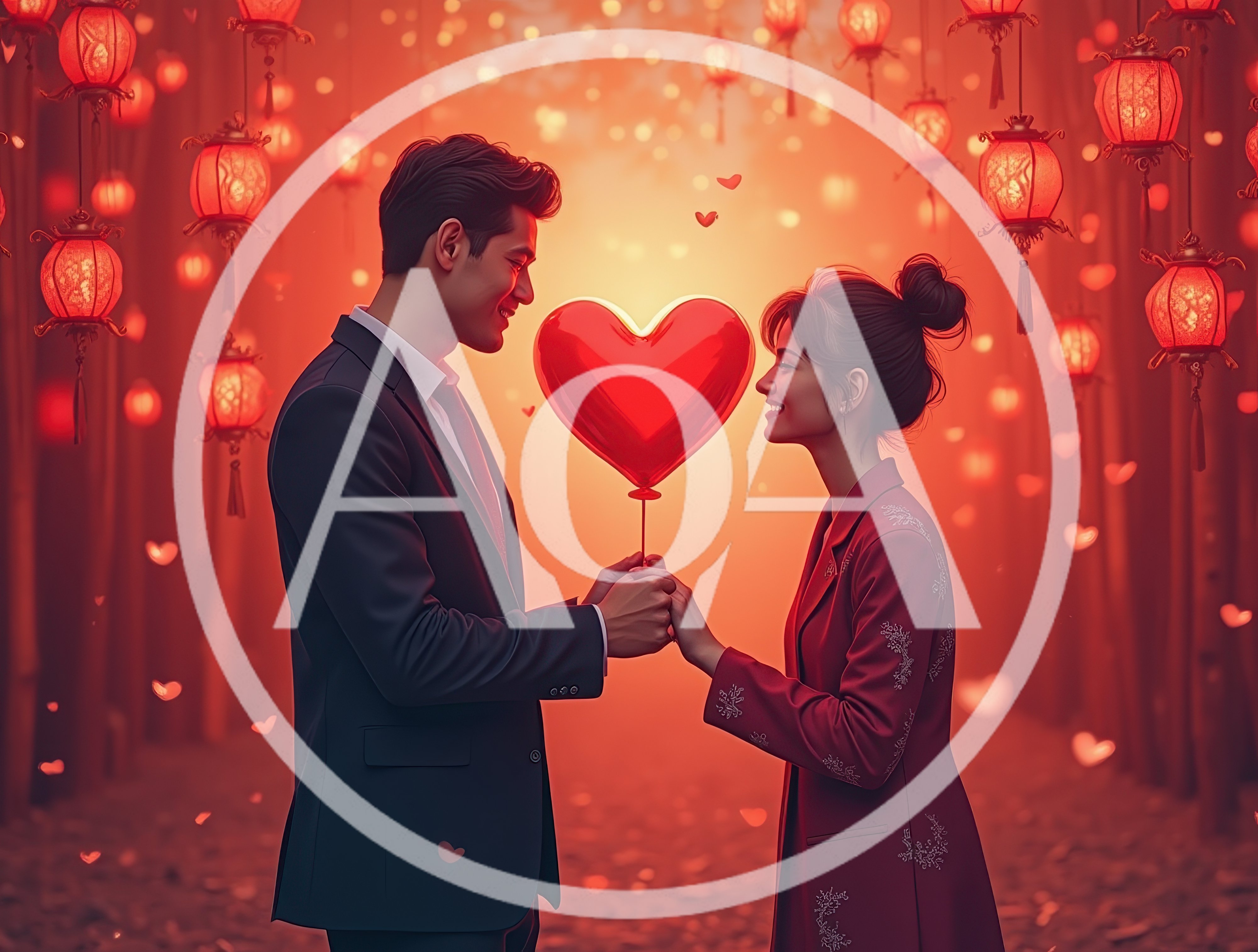 Couple Holding Heart Balloon Under Red Lanterns