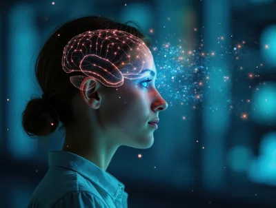 Digital Brain Visualization Over Woman Profile