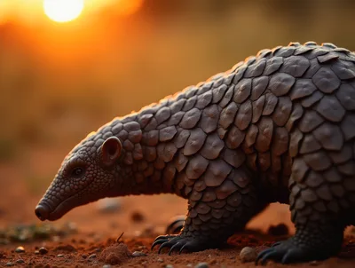 Pangolin Walking Across Dry Ground At Sunset