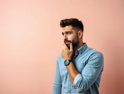 Thoughtful Man With Beard Posing Against Pink Background