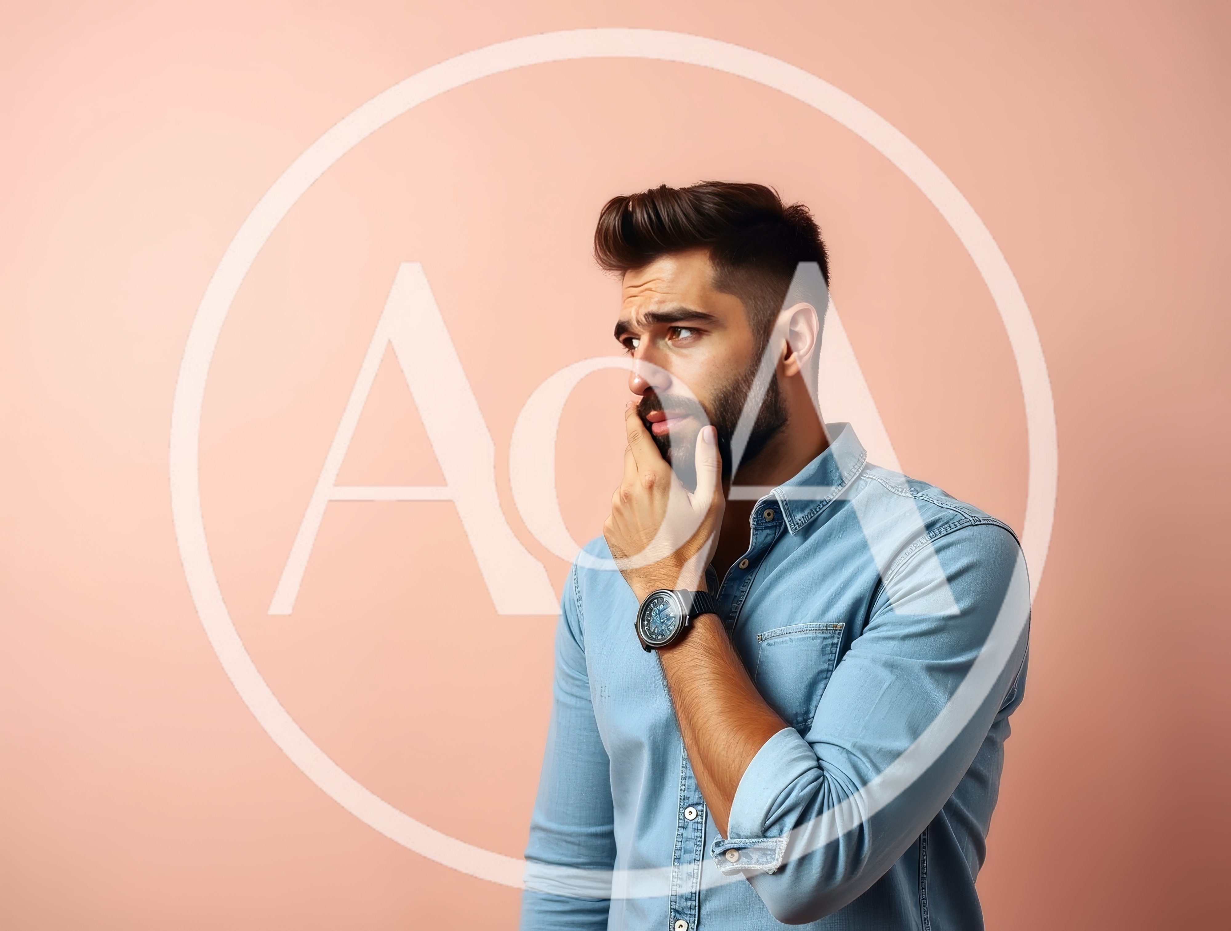Thoughtful Man With Beard Posing Against Pink Background