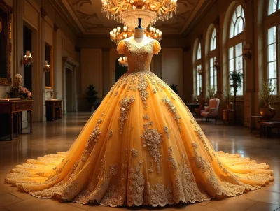 Elegant Yellow Ball Gown on Mannequin in Grand Hall