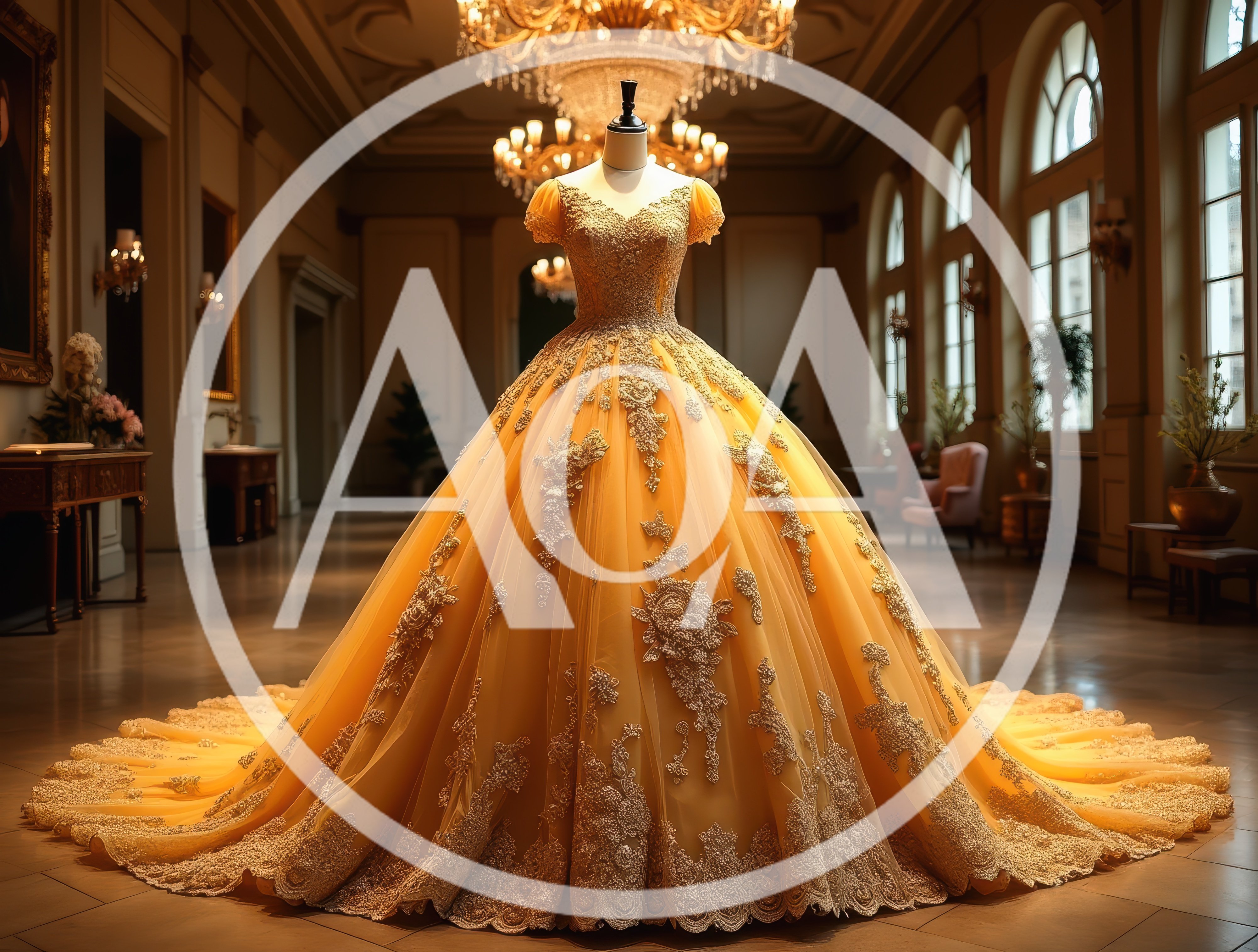 Elegant Yellow Ball Gown on Mannequin in Grand Hall