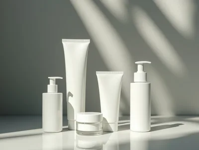 White Cosmetic Packaging Set on Reflective Surface