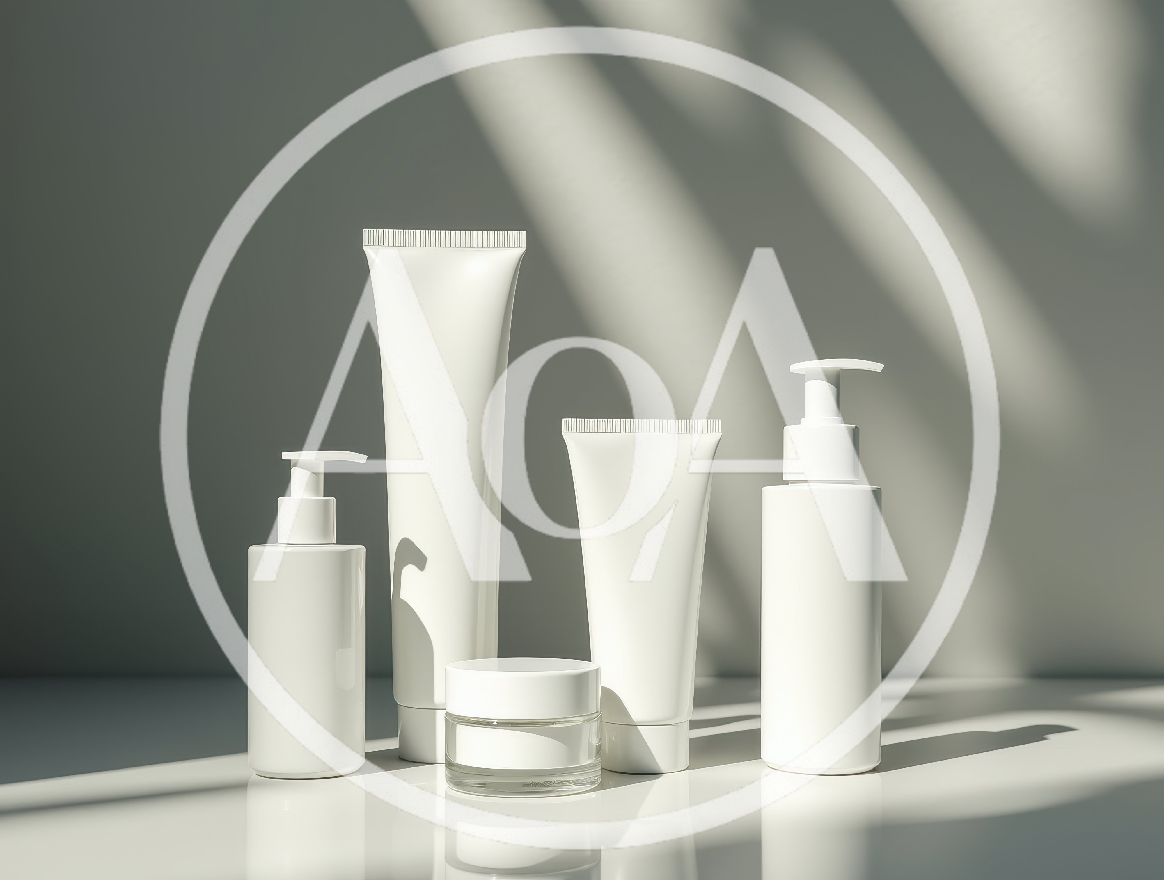 White Cosmetic Packaging Set on Reflective Surface