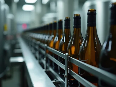 Empty Wine Bottles Moving Along Industrial Conveyor Belt