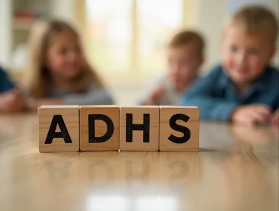 Wooden Blocks Spelling ADHS With Blurred Children In Background