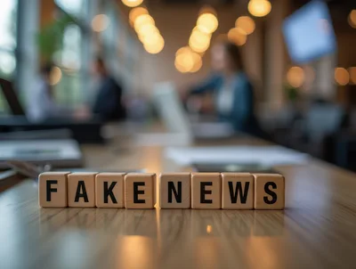 Wooden Blocks Spelling Fake News On Office Desk