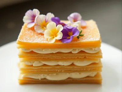 Gourmet Mille-Feuille Pastry Decorated With Edible Flowers