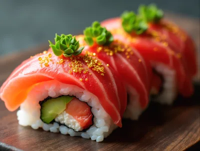 Gourmet Tuna Sushi Rolls With Gold Flakes