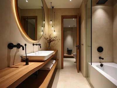 Modern Minimalist Bathroom Interior With Wooden Vanity