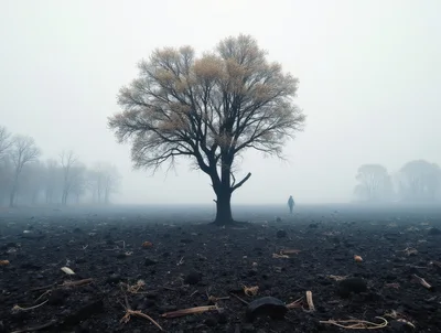 Lone Person Walking Past A Tree In Foggy Field