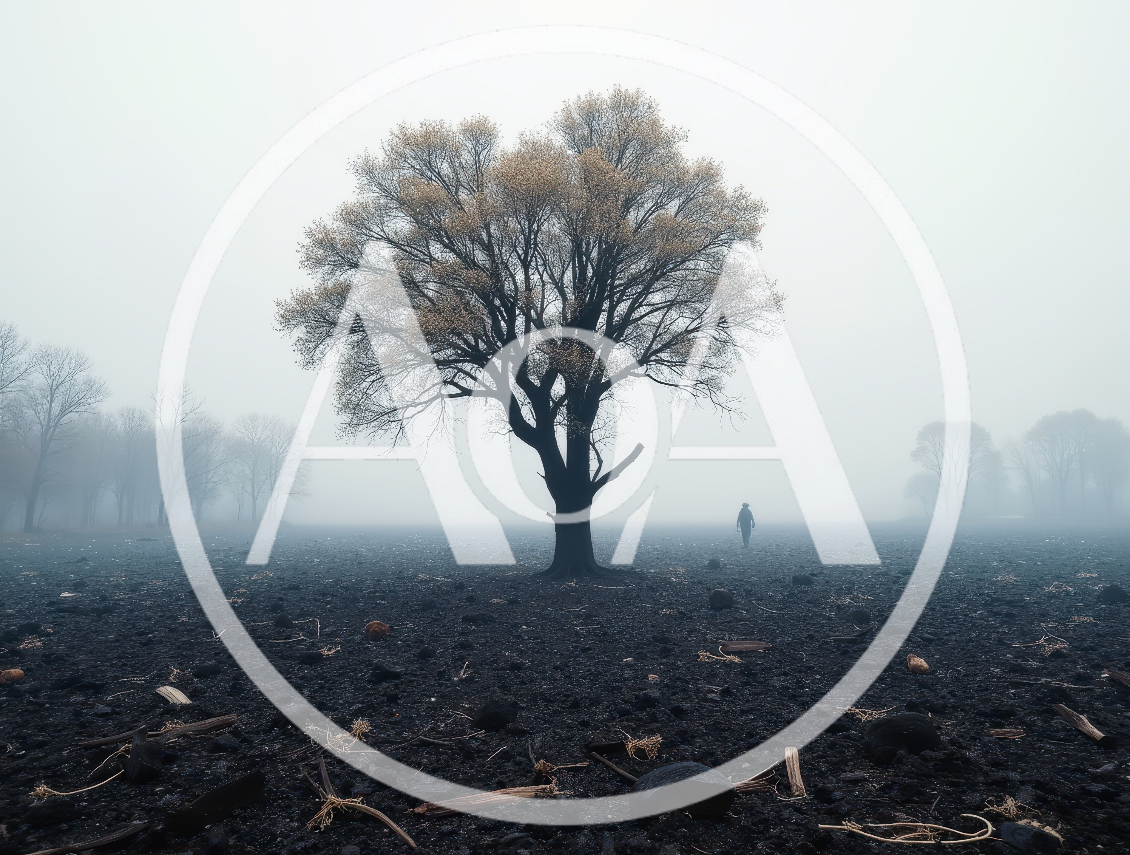Lone Person Walking Past A Tree In Foggy Field