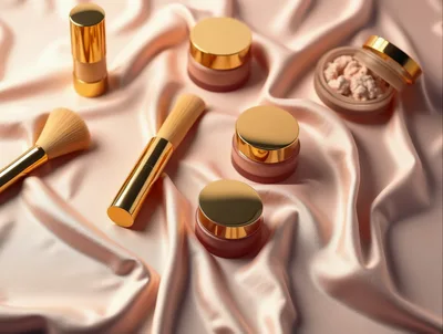 Luxury Cosmetic Products Arranged On Soft Pink Silk
