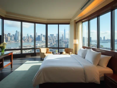 Luxury Hotel Bedroom With Panoramic New York City View