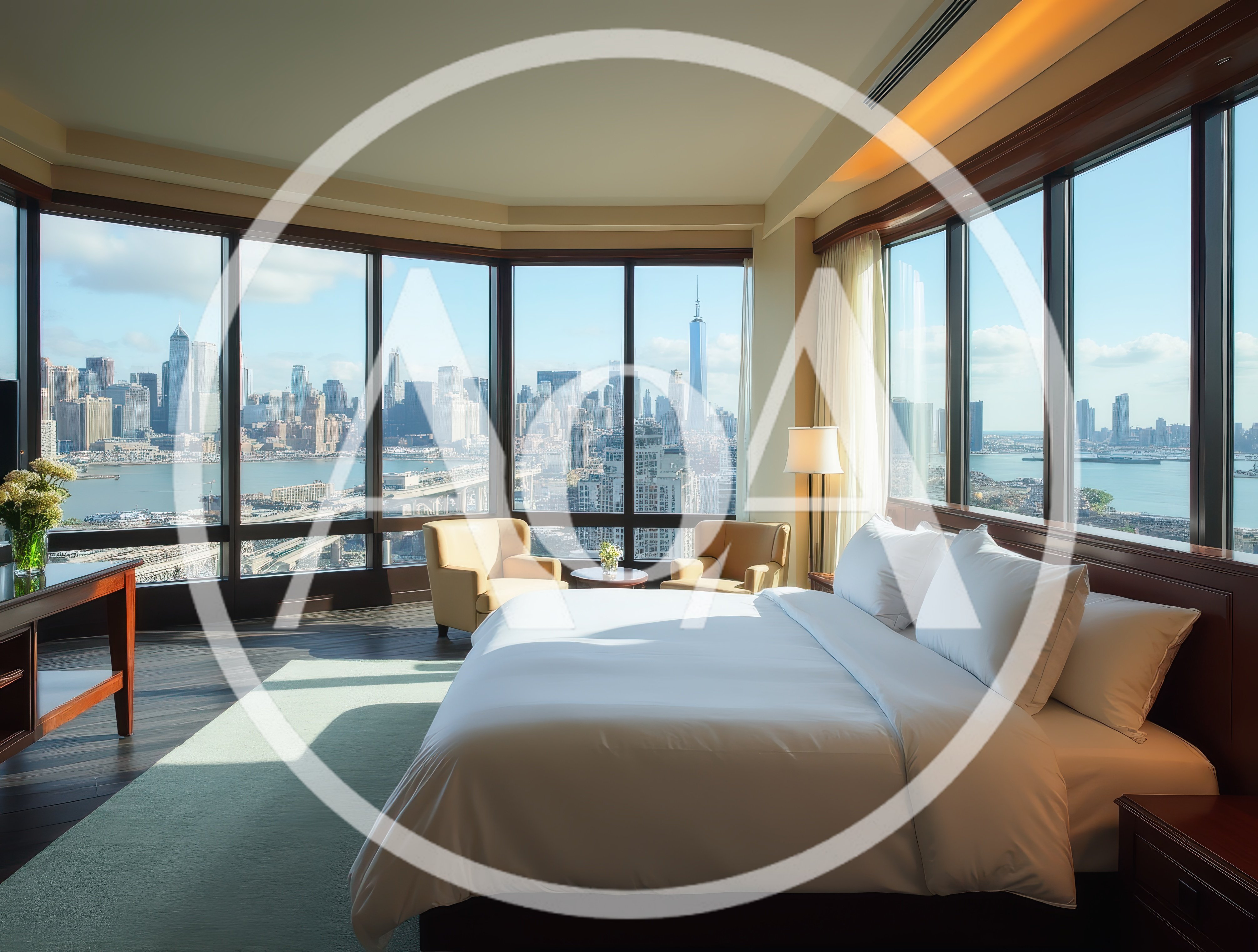 Luxury Hotel Bedroom With Panoramic New York City View