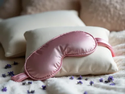 Pink Silk Sleep Mask on White Pillows with Lavender