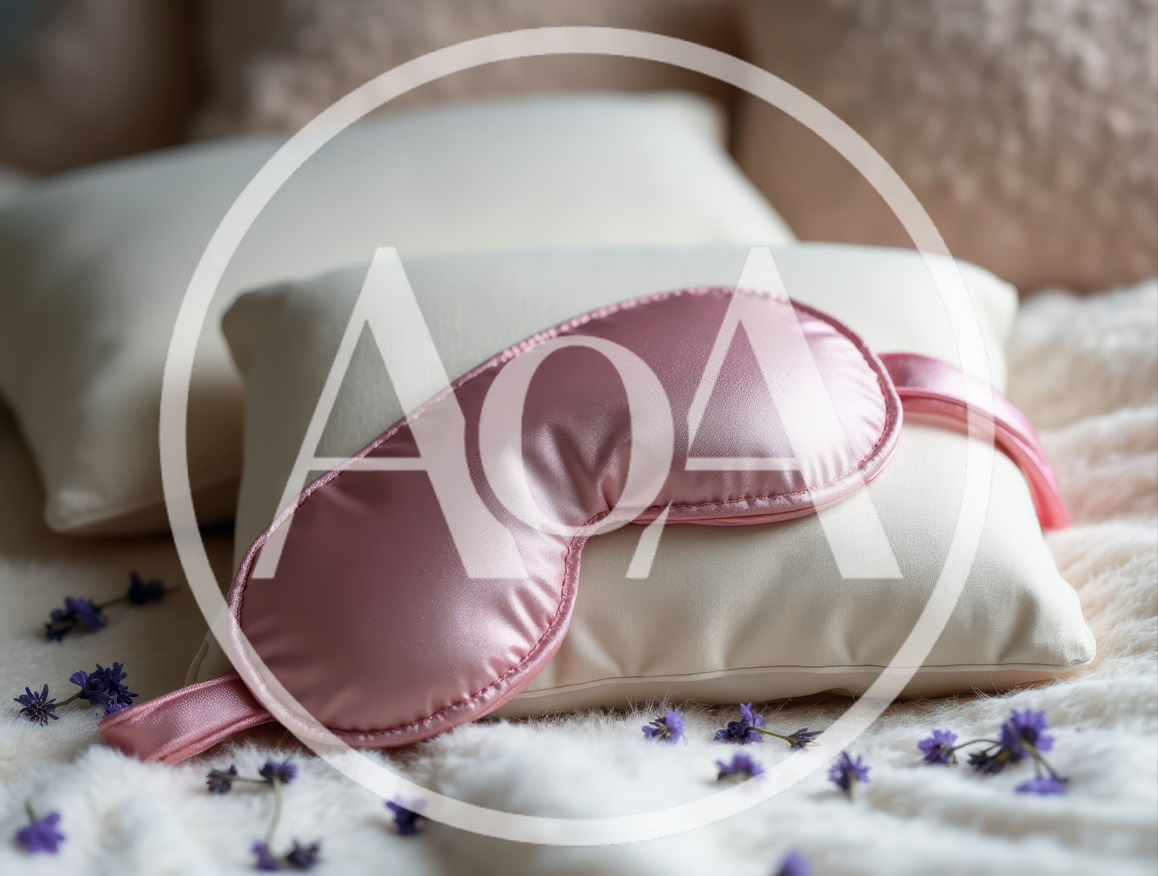 Pink Silk Sleep Mask on White Pillows with Lavender