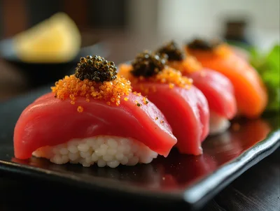 Fresh Tuna Nigiri Sushi With Caviar Topping
