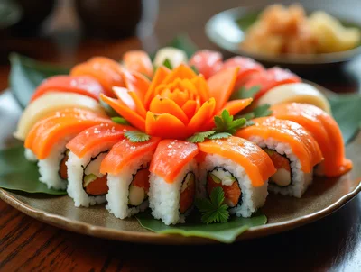 Gourmet Salmon Sushi Platter With Vegetable Garnish