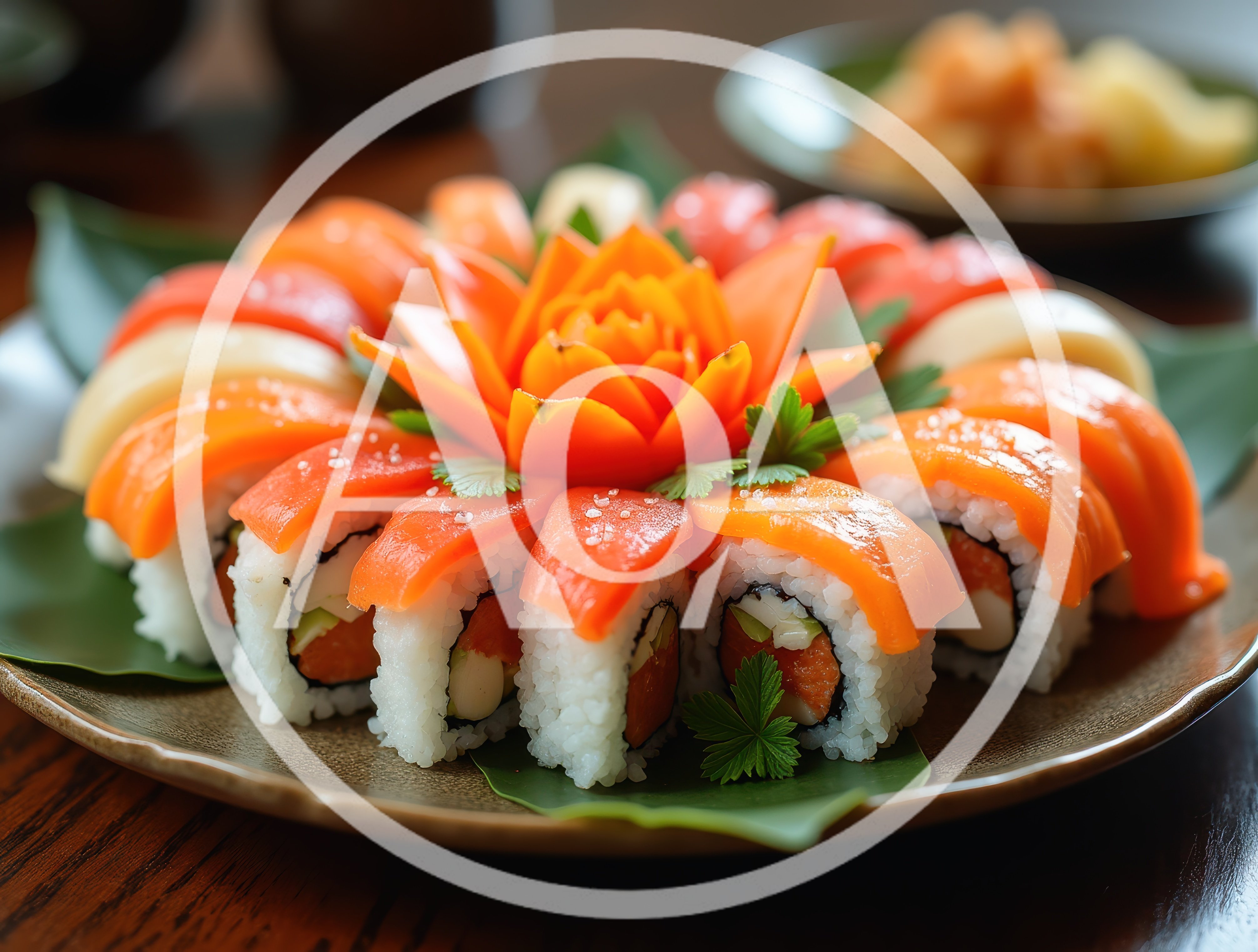 Gourmet Salmon Sushi Platter With Vegetable Garnish