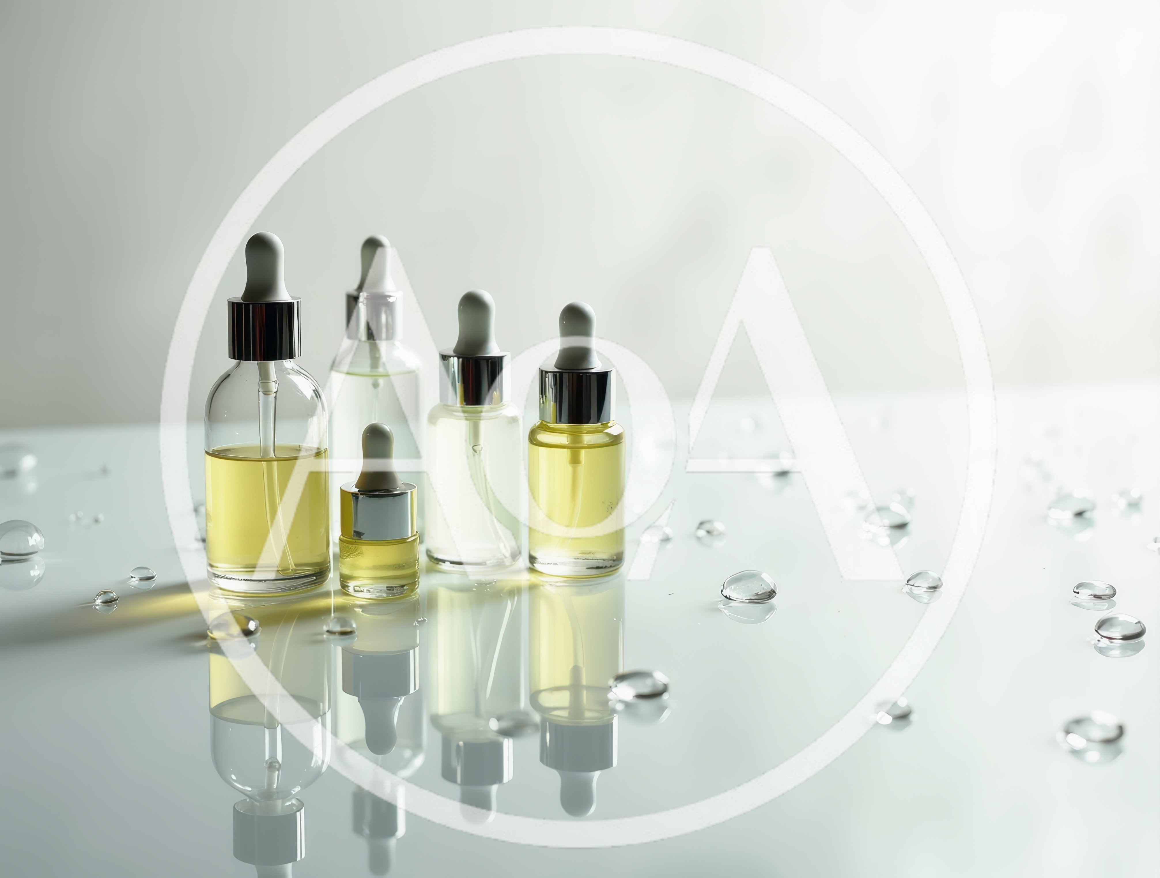 Glass Dropper Bottles With Yellow Serum On Reflective Surface