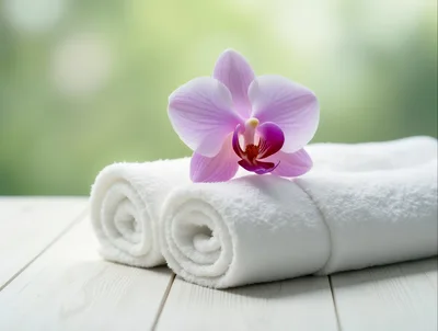 Rolled White Spa Towels With A Purple Orchid